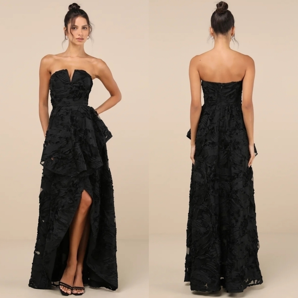 Lulus Majestic Glam Black Strapless Textured High-Low Maxi Dress Wedding Party